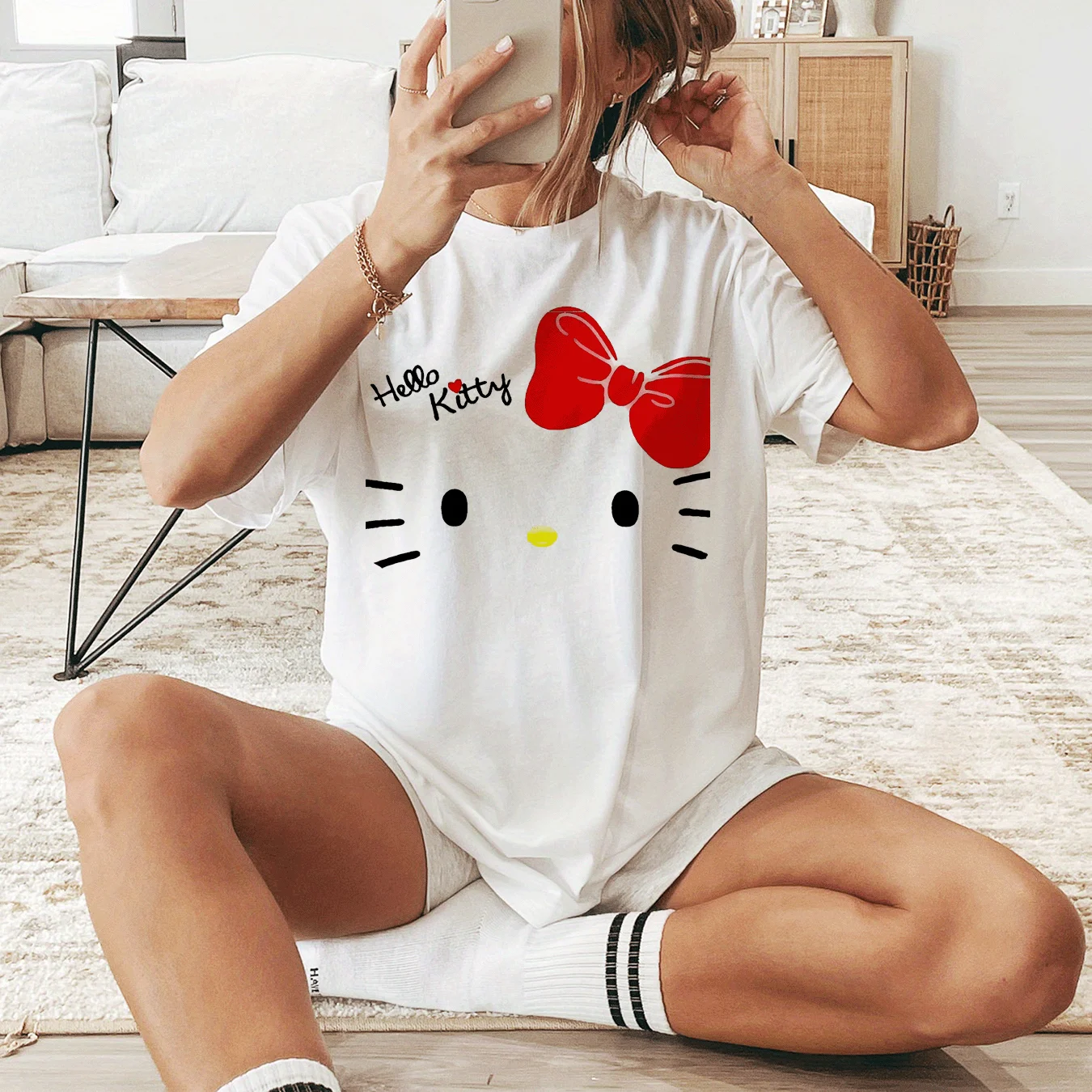 

Sanrio Hello Kitty Women's Short Sleeved T-shirt - Cute Face with Red Bow Pattern Print, Round Neck Casual, Machine Washable