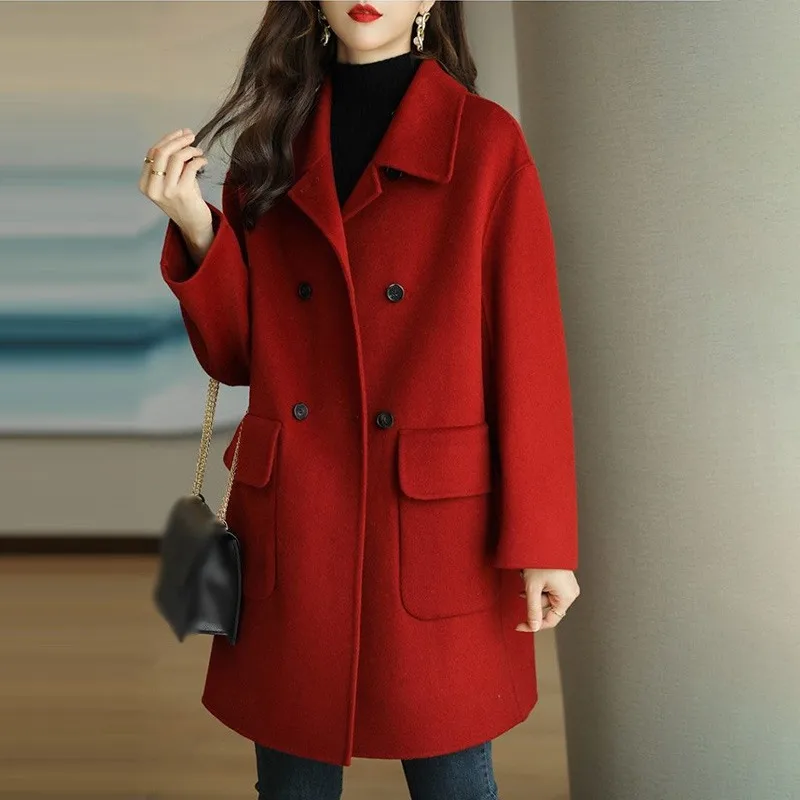 Autumn Women Coat Lapel Double Breasted Trench Coat Flap Pockets Thermal Jacket Mid-length Thickened Overcoat Warm Winter Jacket