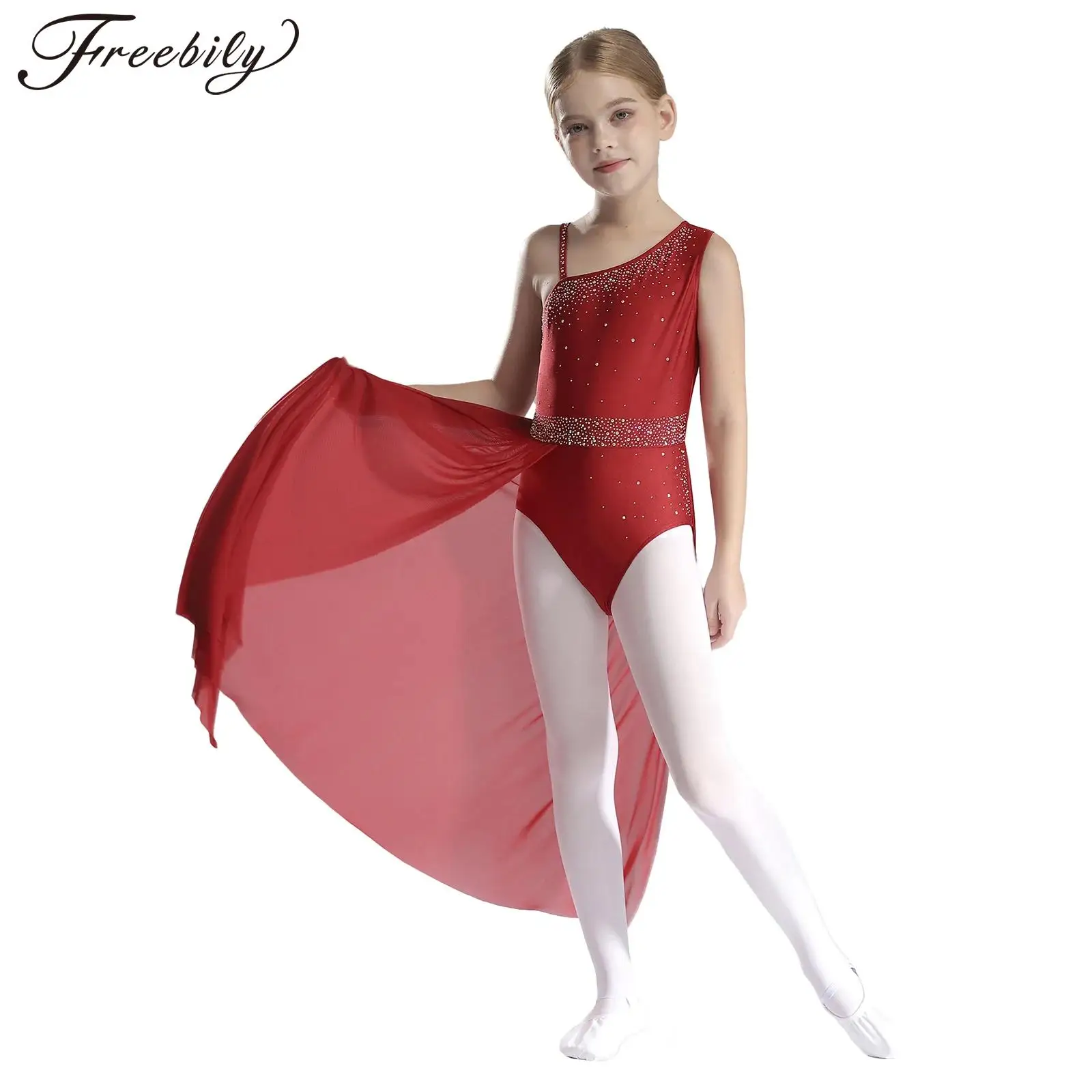 Children Ice Skating Bodysuit Sheer Mesh Skirted Leotard Lyrical Dance Costume Kids Girls Gymnastics Jumpsuit Ballet Dancewear