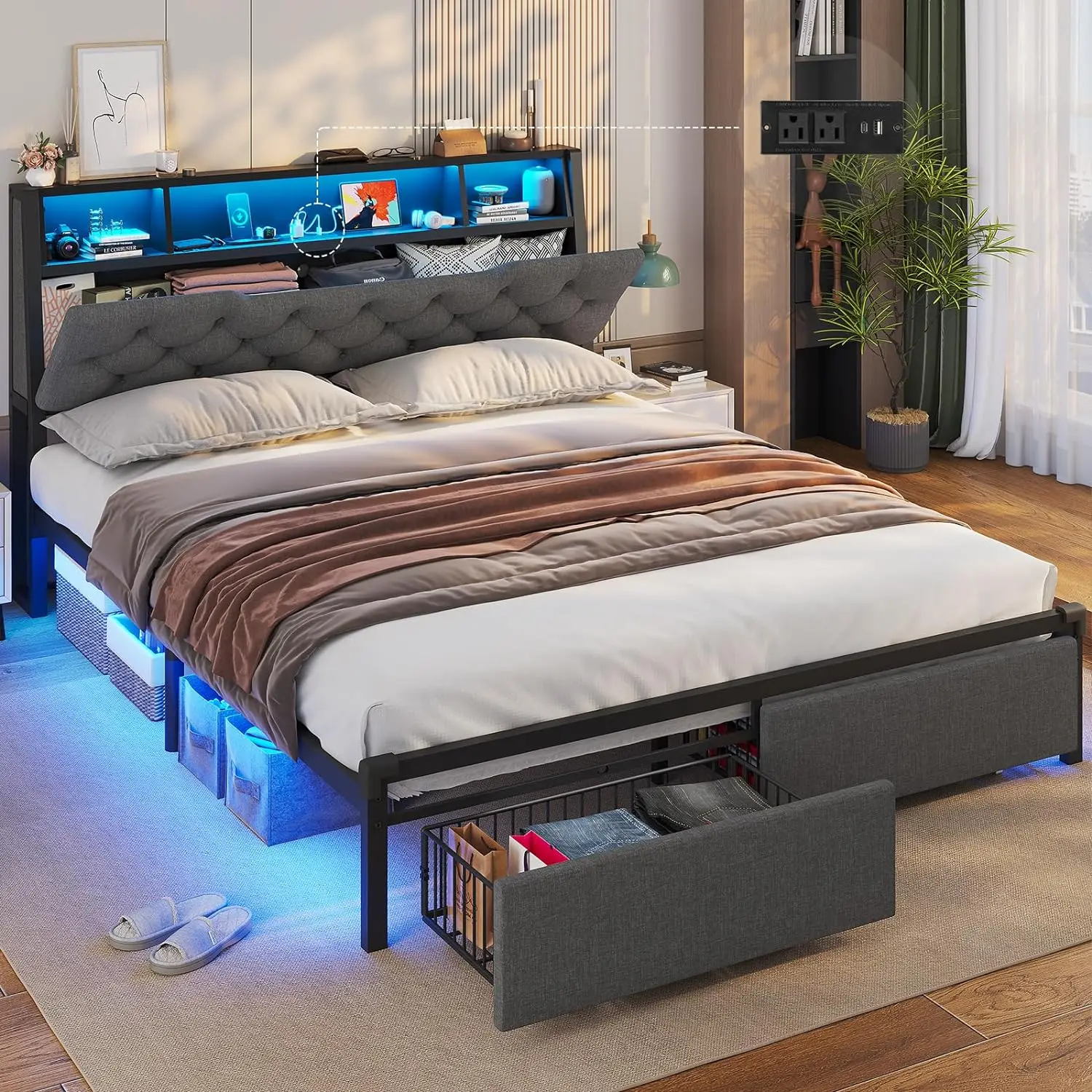 LED Bed Frame com Estação de Carregamento, Armazenamento Cabeceira, 2 Gavetas, Estofados e Metal Plataforma Cama com Luzes