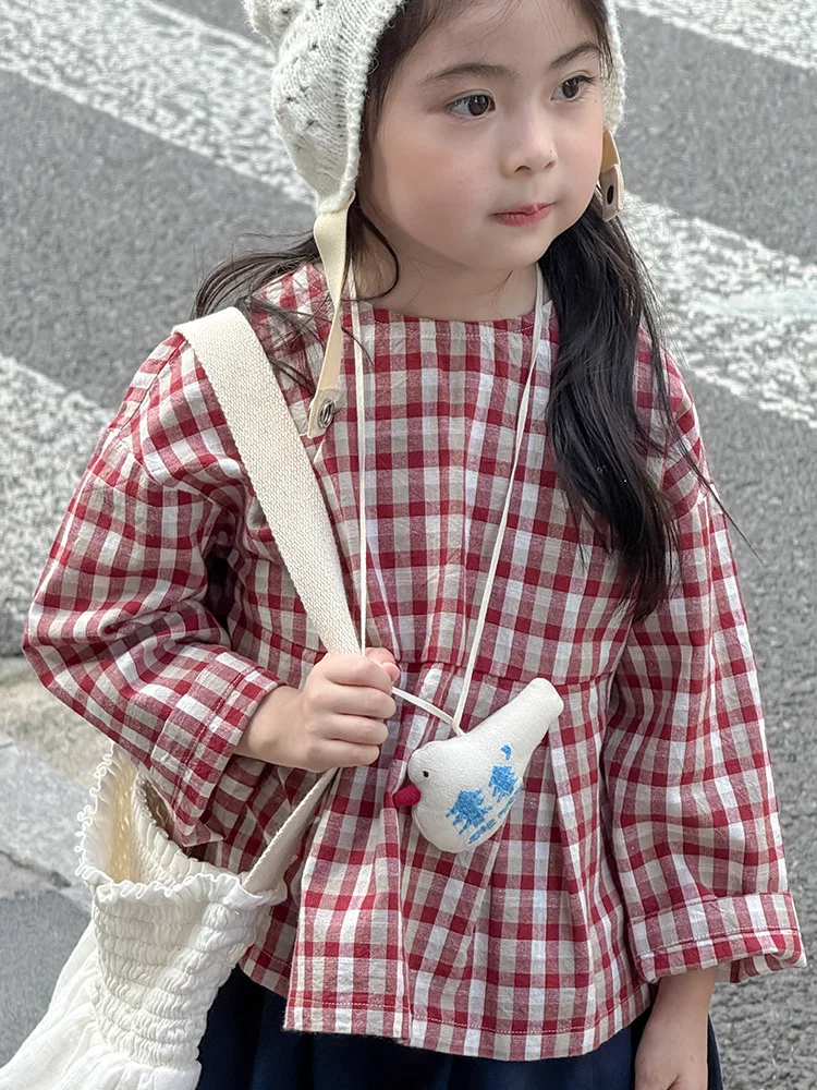 

Girls' Retro Plaid Doll Shirt 2025 Spring and Autumn Clothing Korean Version Children's Red Plaid Crew Neck Shirt Short Top