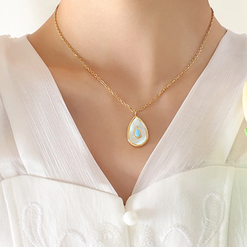 New Sparkle Blue Opal White Shell Avocado Pendant Necklace Stainless Steel Waterdrop Charm Collar Waterproof Jewelry for Women