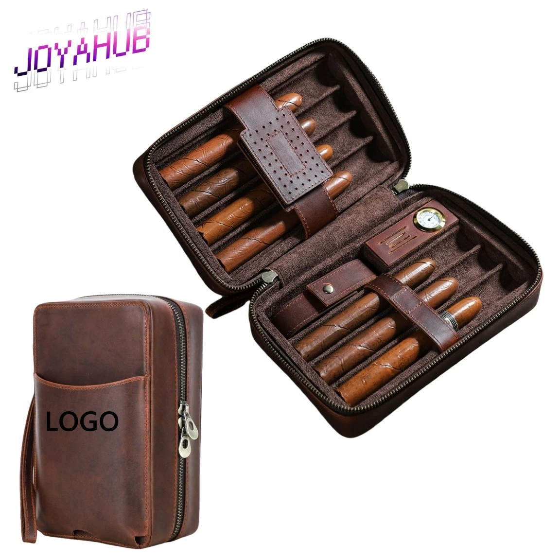 

​​Custom Logo Leather Travel Humidor Built-In Hygrometer & Wrist Strap Vintage Moisturizing Storage Bag for Cigar Aficionados