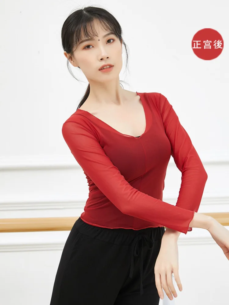 Solid Color Line Dance Costume Tops Women Cosplay Classical Jazz Long Sleeves Chinese Folk Latin Stage Mesh Hanfu T-shirt