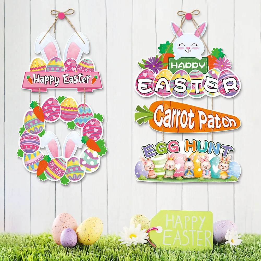 Hanging Happy Easter Decor Wreath Sign Easter Colorful Eggs Bunny Sign Door Spring Easter Party Indoor and Outdoor Home Decor