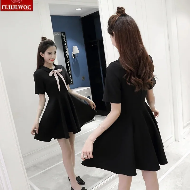 Shirt Jurken 2026 Dames Zomer Korte Mouw Leuke Zoete Meisjes Peter Pan Kraag Strikje Een Lijn Mini Kleine Zwarte Jurk 5229
