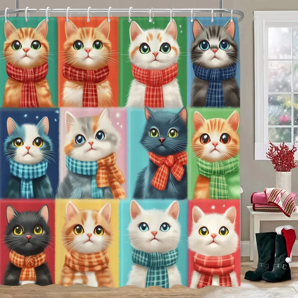 

New Year Christmas Shower Curtains For Bathroom with Hooks, Cartoon Christmas cat and dog Gifts For Xmas Bath Curtain Decor