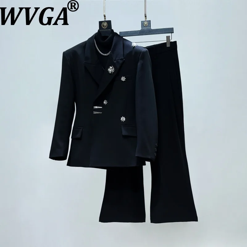 

Костюм-двойка (куртка с отложным воротником и брюки-клеш) для мужчин, весна-осень, новый дизайн с металлической брошью в виде цветка, нишевый шик, повседневный стиль, Ins W18959