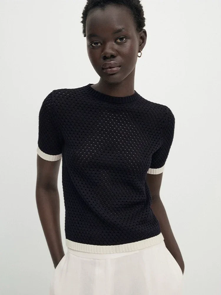 Ethereal MD 2024 new style of Small fragrance style splicing hollow hollow pure cotton short-sleeved crew-neck sweater
