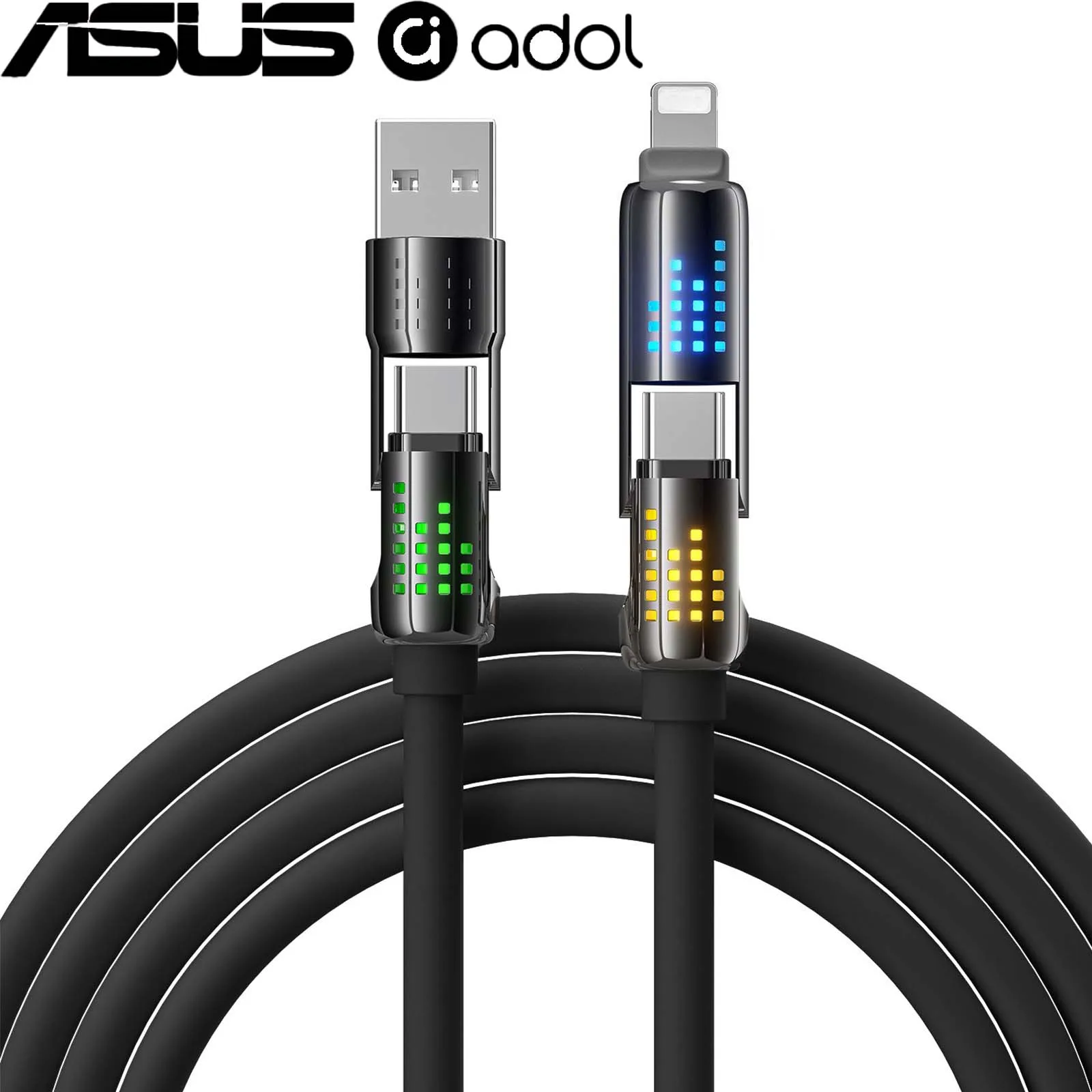 ASUS 240W 4-in-1 Super Fast Charging Cable RGB Breathing Light Type-C For IPhone7-16ProMax iPad Notebook Tablet Mobile Phone