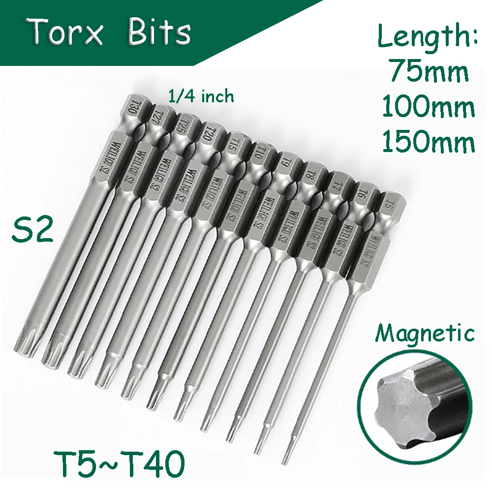 

5pcs Torx Head Bit Set Solid Screwdriver Magnetic 1/4" Hex Shank S2 Steel 75/100/150mm Long Drill Bits Security Bits T5-T40