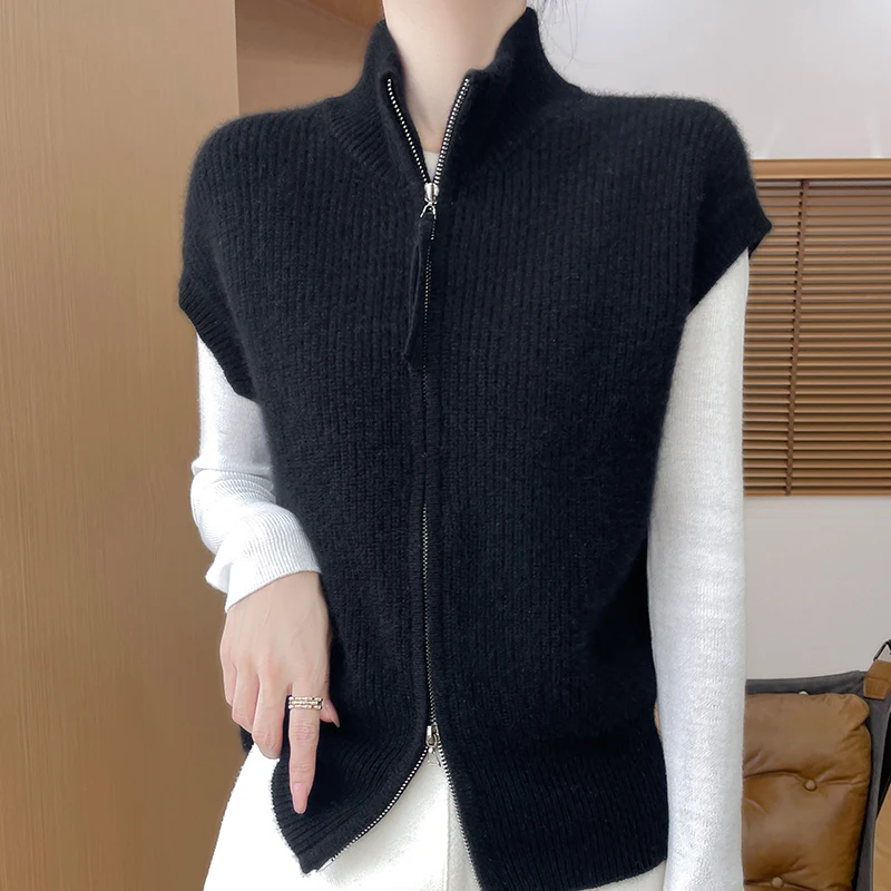 Autumn Winter New 100% Wool Vest Women\'s Half High Neck Knitted Zipper Cardigan Casual Sleeveless Camisole Fashion Korean Tops