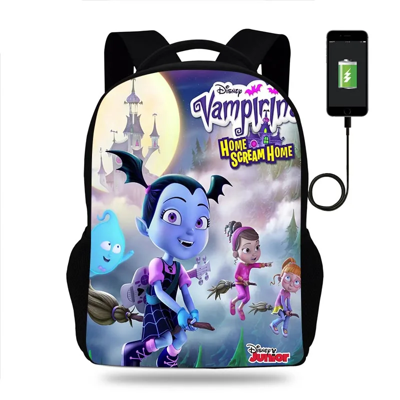 กระเป๋าเป้สะพายหลัง Disney Vampirina สำหรับเด็กผู้ชาย tas Sekolah anak perempuan วัยรุ่นกระเป๋าหนังสือกระเป๋าสะพายหลังสำหรับผู้ชายและผู้หญิงกระเป๋าเดินทางแบบมีช่องเสียบ USB