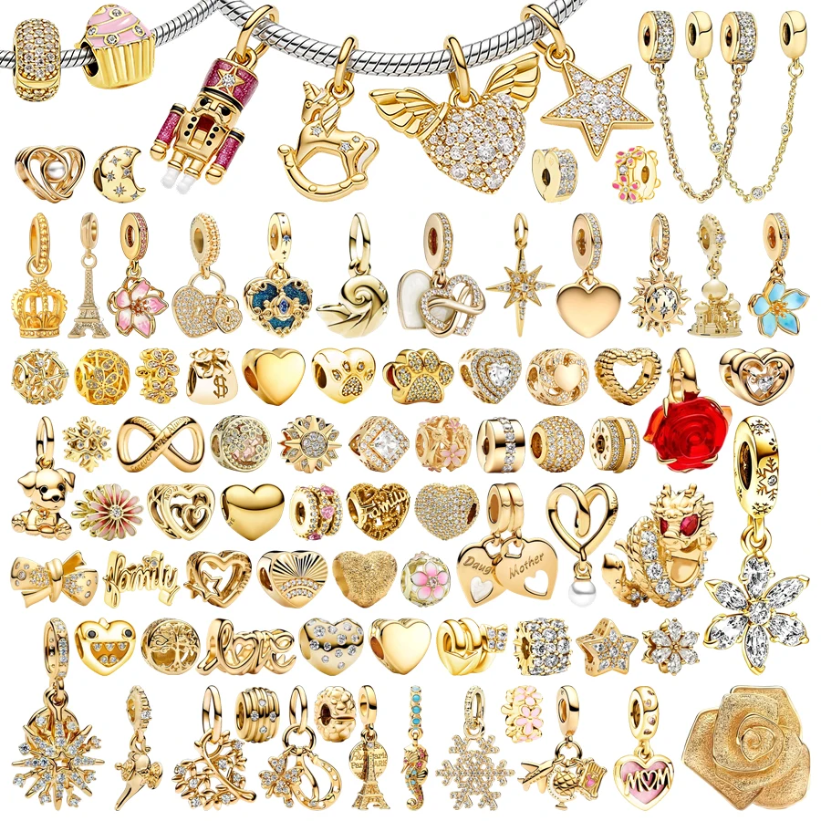 Nouveaux breloques originaux dorés scintillants, bijoux fins à faire soi-même, cadeau, flocon de neige, étoile du nord, cœurs, perles à clipser, compatibles avec les bracelets serpent en argent 925
