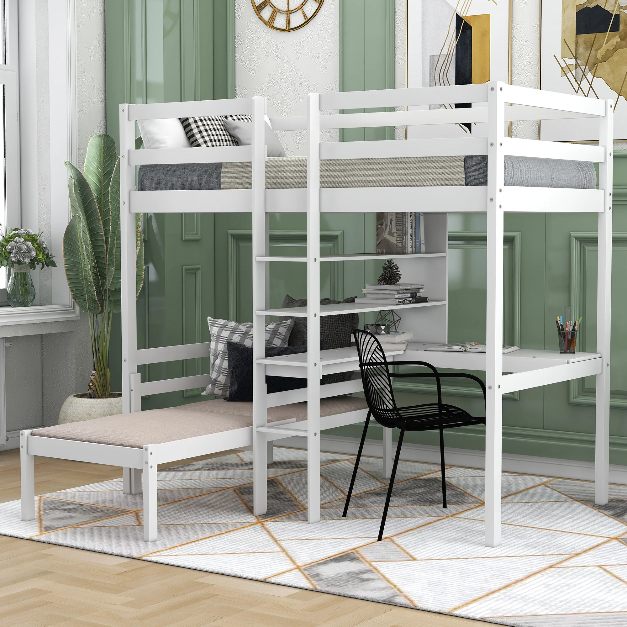 

Convertible Loft Bed with L-Shape Desk, Twin Bunk Bed with Shelves and Ladder, White 79.50x79.20x72 in.