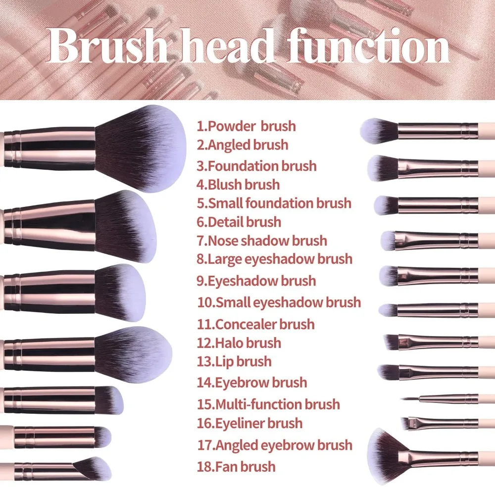 BS-MALL Make-up-Pinsel, Premium-Synthetik, Foundation, Puder, Concealer, Lidschatten, 18-teiliges Pinselset mit 5 Schwamm und Halterschwamm