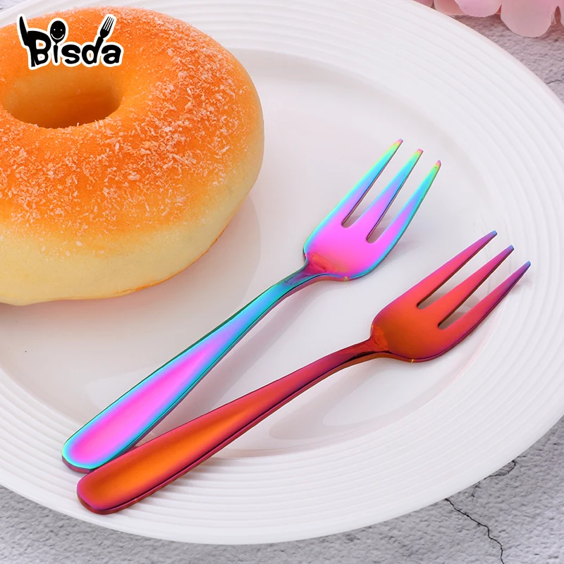 2PCS Fruit Fork Set 18/8 stainless Steel Cake Forks For Dessert Red Small Tea Fork Rainbow Dessert Fork for Snack Dinnerware Set