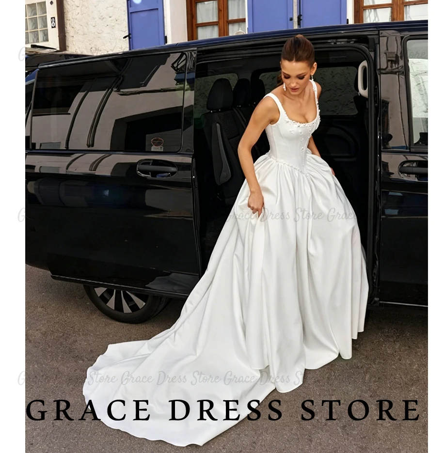 Melly Wedding Dress High Quality Princess Square Neck Pearls Beading Dresses for Women свадебное платье Sweep Train Customized