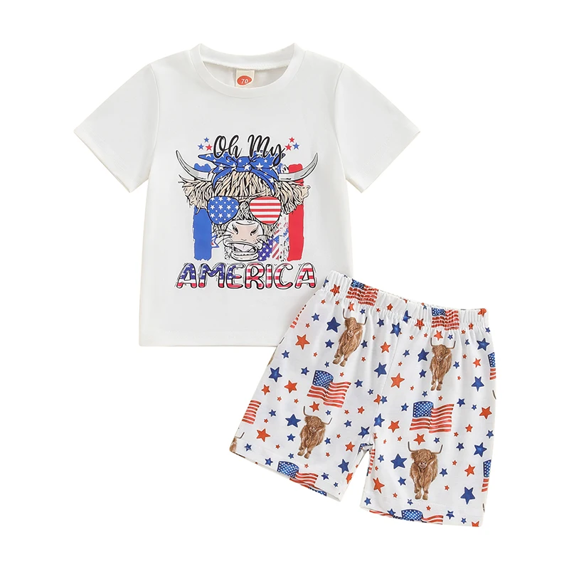 4th of July Toddler Boys Outfits Letter Print Short Sleeve T-Shirts Tops and Cow Head Flag Stars Print Shorts 2Pcs Clothes Set