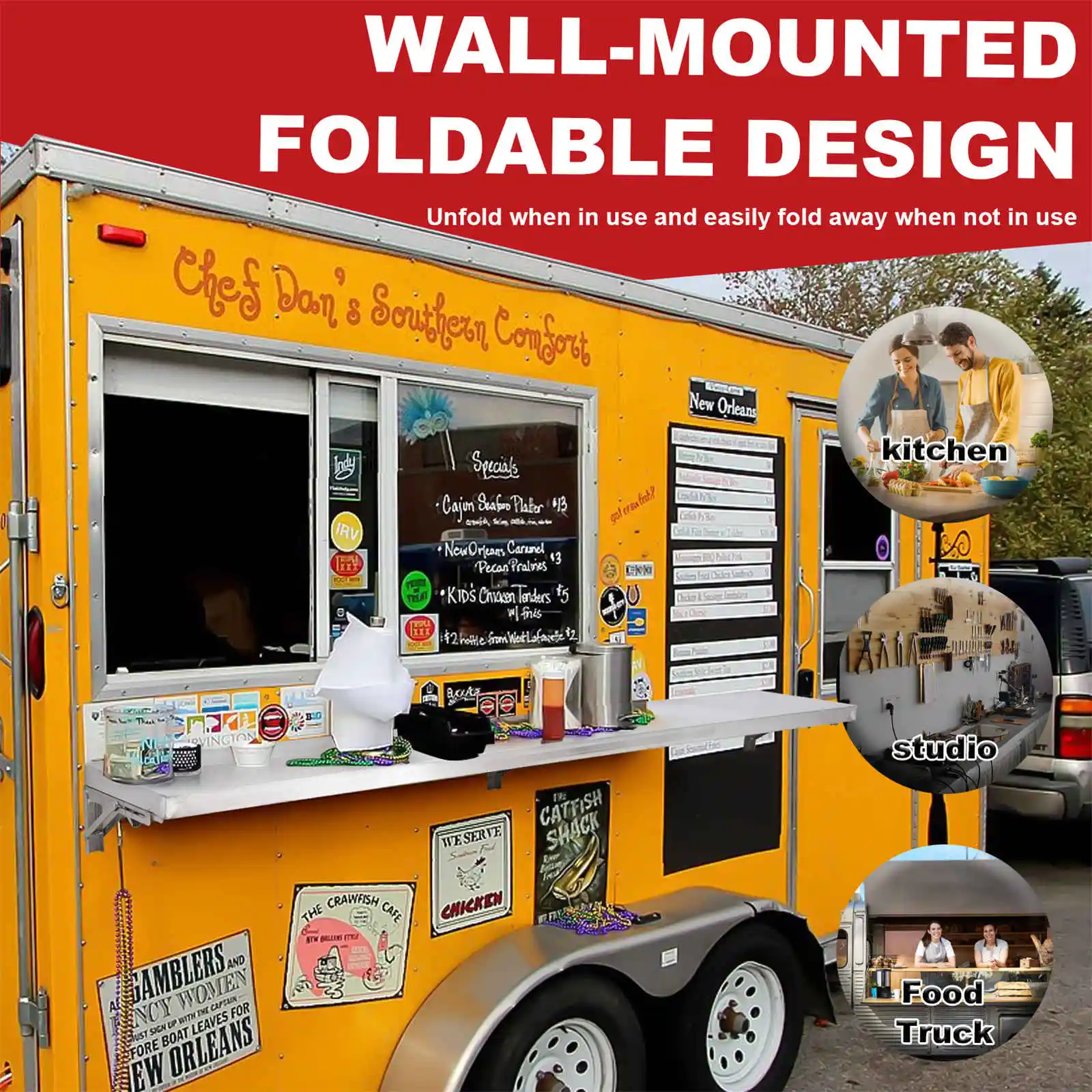 رف امتياز قابل للطي مقاس 48 بوصة × 12 بوصة، من الفولاذ المقاوم للصدأ قابل للطي لتقديم الطعام، حامل امتياز، رف تقديم