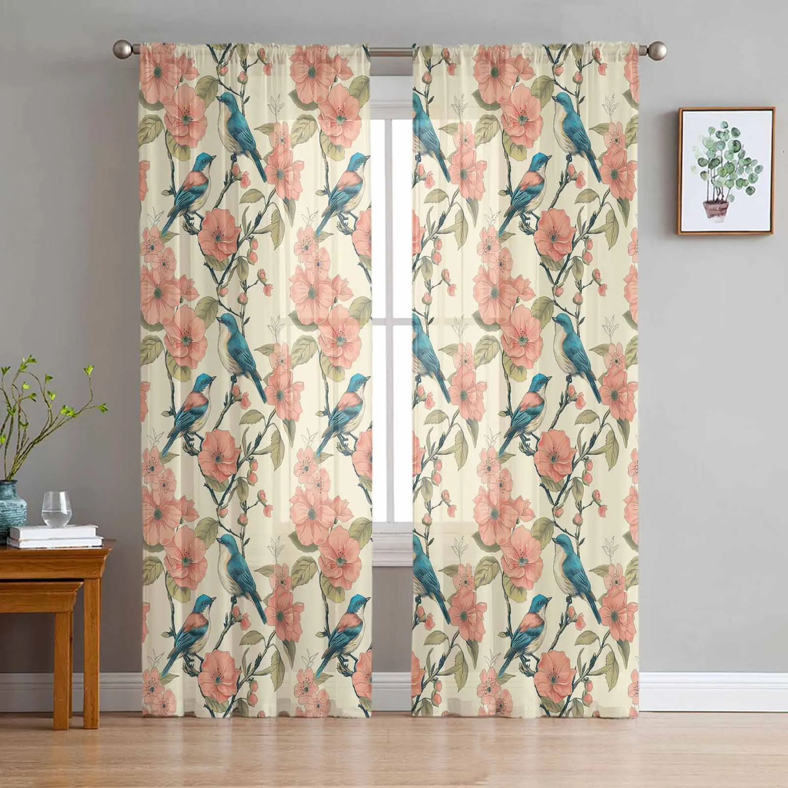 Plant Bird Branches Tulle Sheer Window Curtains for Living Room Kitchen Children Bedroom Voile Hanging Curtain