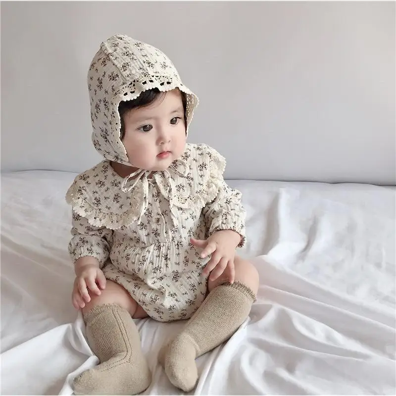 Baby Girl Floral Romper Lace Peter Pan Collar Long Sleeve Bubble Bodysuit with Bonnet Soft Breathable Outfit for Spring Autumn
