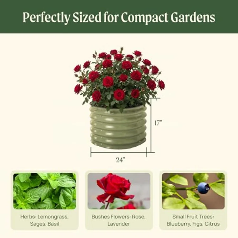 Herb gardening raised bed metal olive green 17 tall x 24 wide round planter for basil lavender sage tomato blueberry fig rose t
