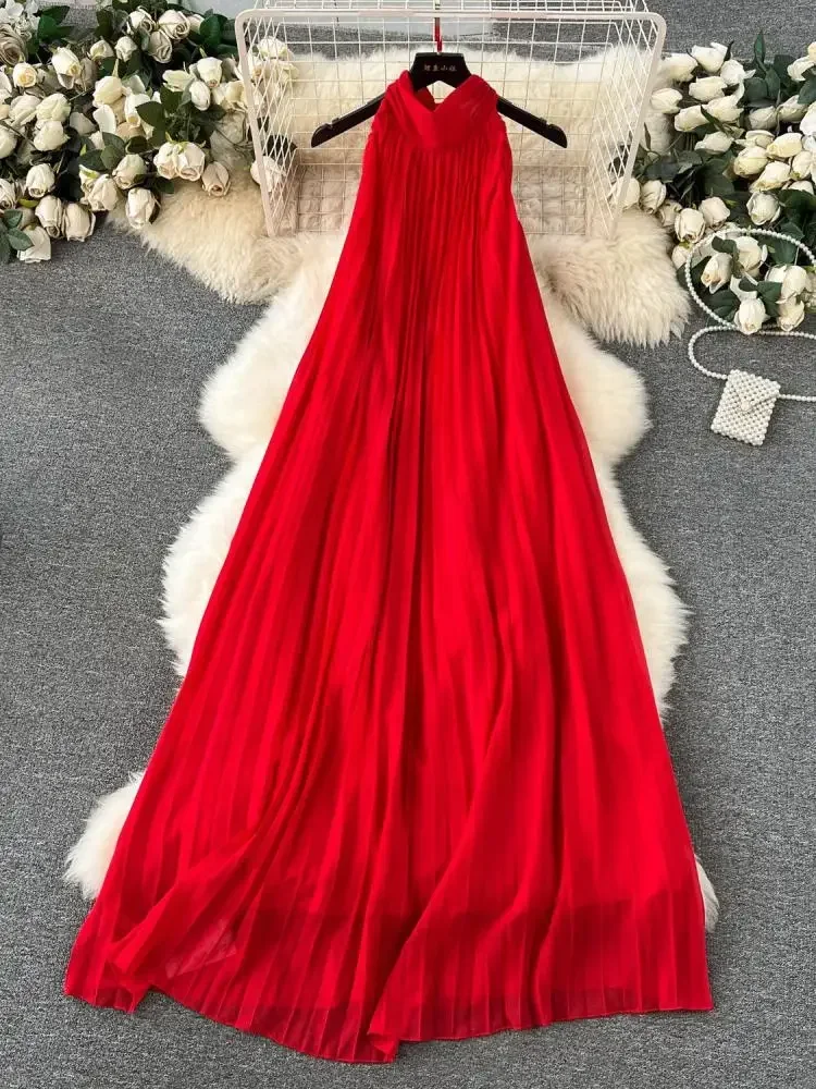

Red Loose Halter Bandage Long Dresses French Elegant Women's Summer Vacation Dress Off Shoulder Sleeveless Pleated Sundress Chic