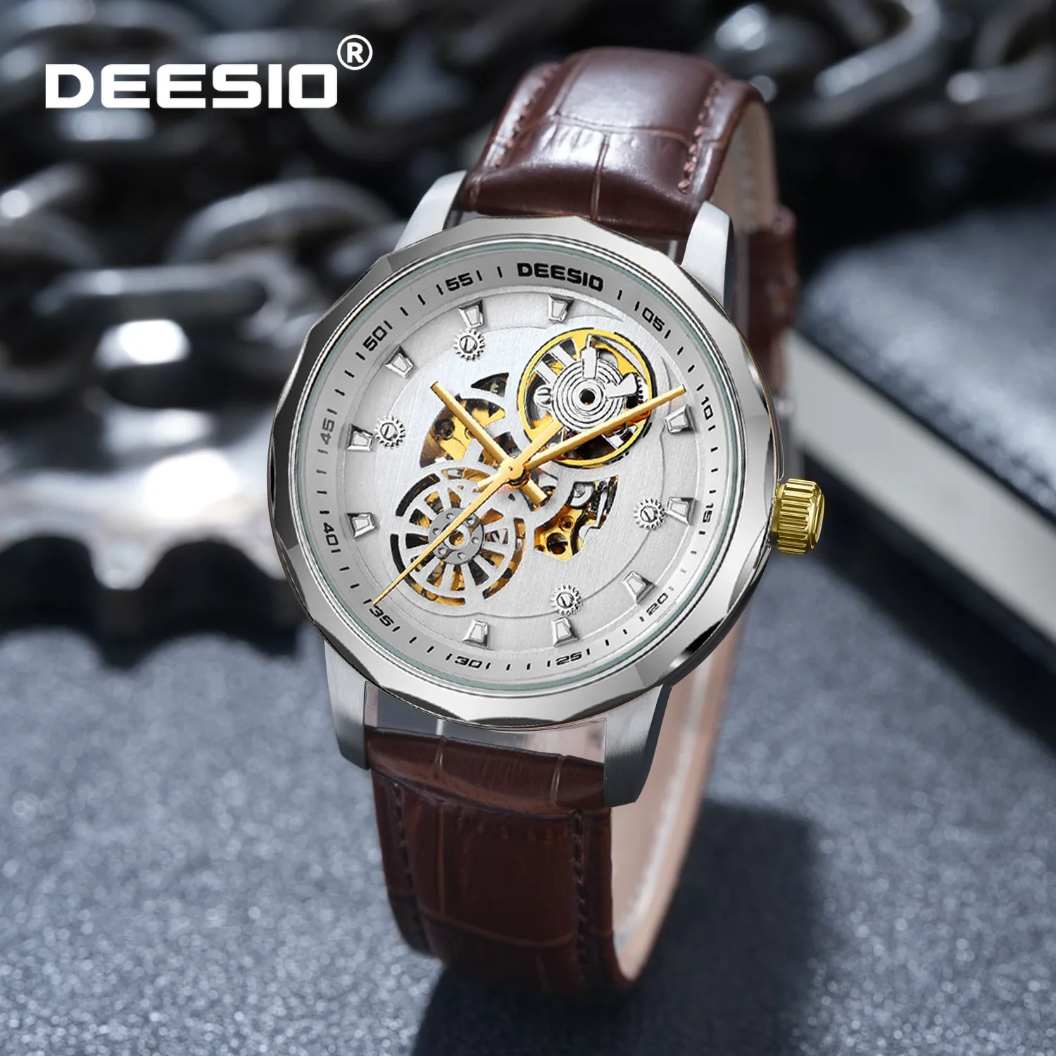 

Deesio Automatic Mechanical Watch for Men Leather Strap Luminous Skeleton 316L Stainless Steel Case Water Proof Gift for Men