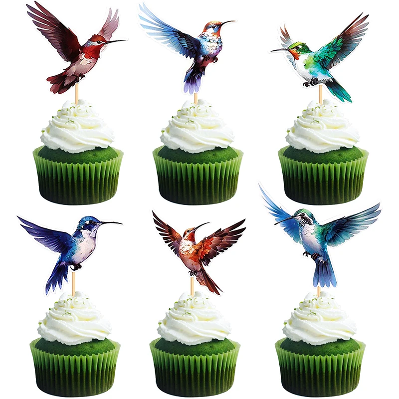 12pcs Bird Cake Topper Hummingbird Happy Birthday Wedding Anniversary Cupcake Toppers Decoration Kids Girl Party Baking Supplies