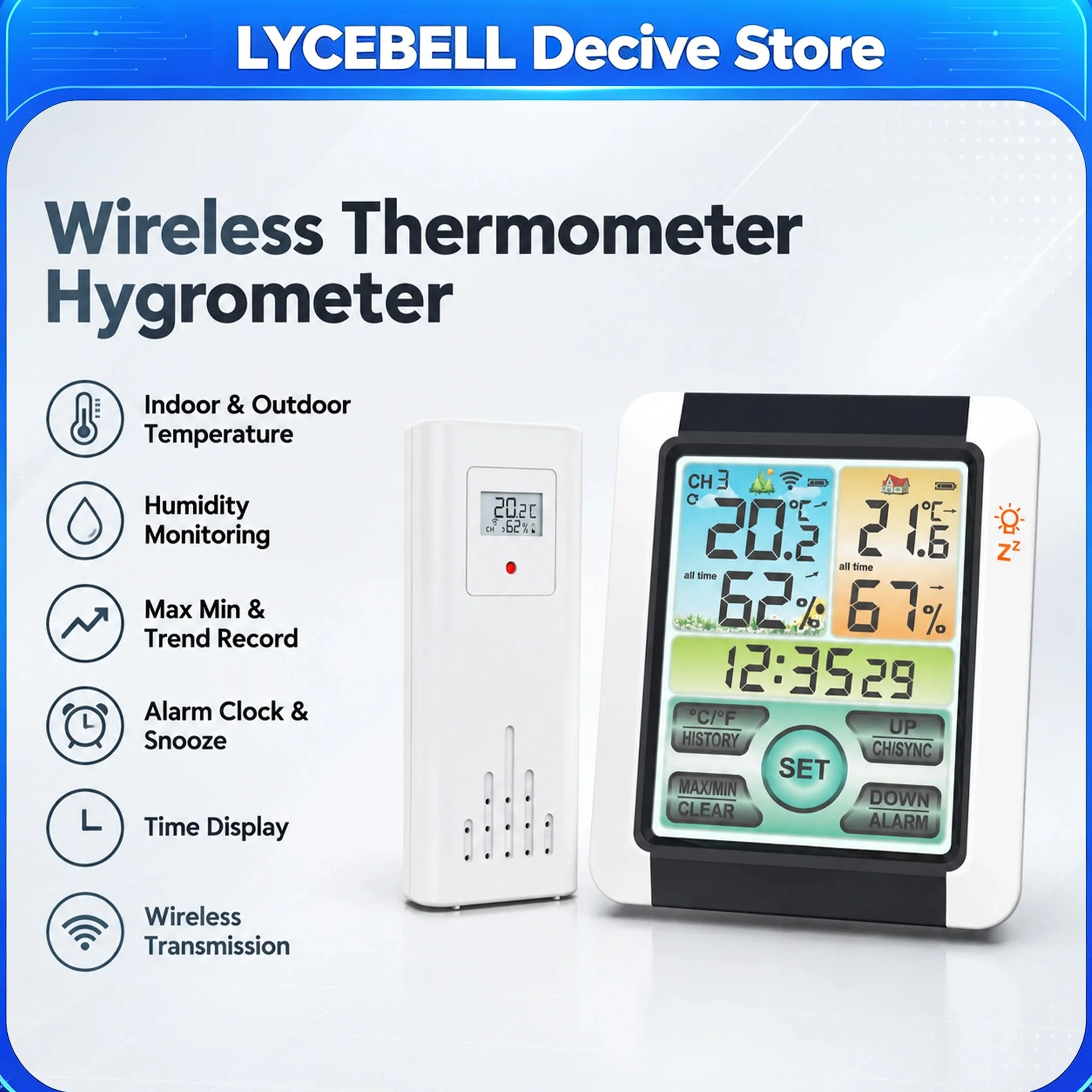 EN8851 Wireless Indoor Outdoor Thermometer Hygrometer Digital Temperature Humidity Monitor Weather Station with 1 Remote Sensors