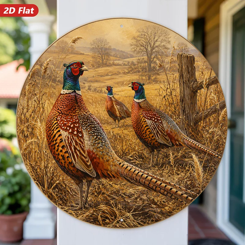 2D Flat - 【2D Flat】 2D Flat - [2D Flat] 2D Flat Print 1pc Round Metal Iron Sign, Wall Art, Pheasant Pattern, Rustic Style, Natur