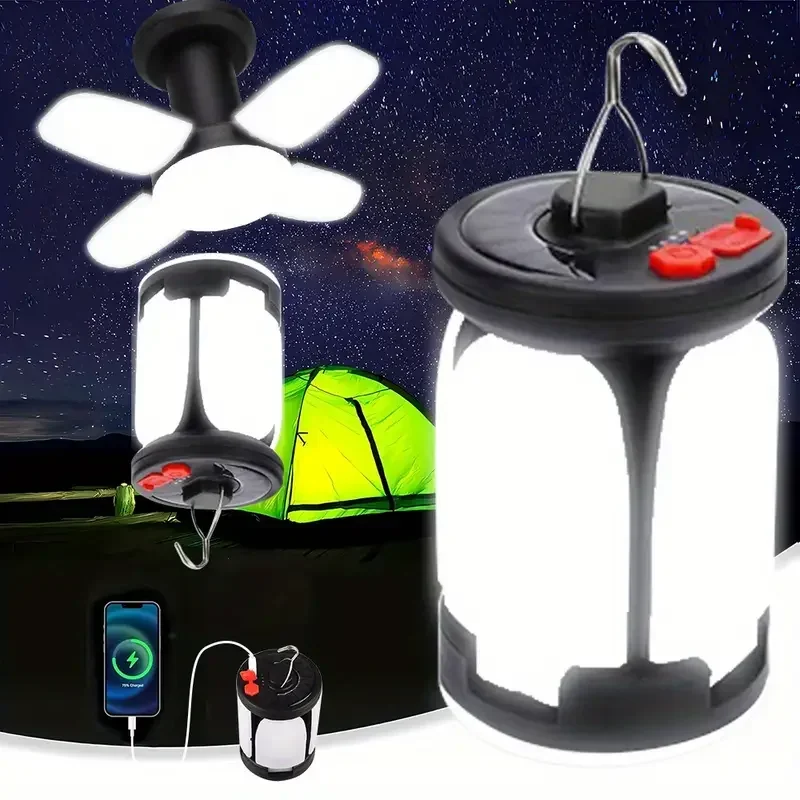 Solar Rechargeable LED Camping Lamp 4 Leaf Foldable Tent Lamp Warm Fire Atmosphere Lamp Outdoor Emergency Lighting Torch Lantern