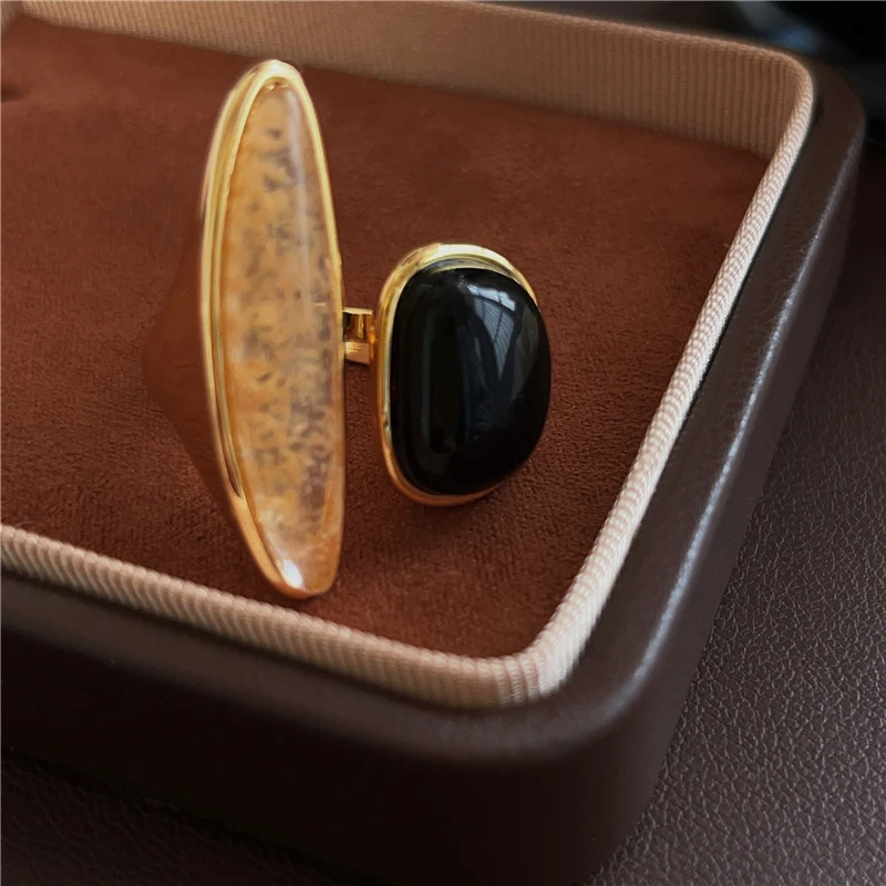 Natural black agate asymmetrical irregular French vintage  open rings luxury finger accessory