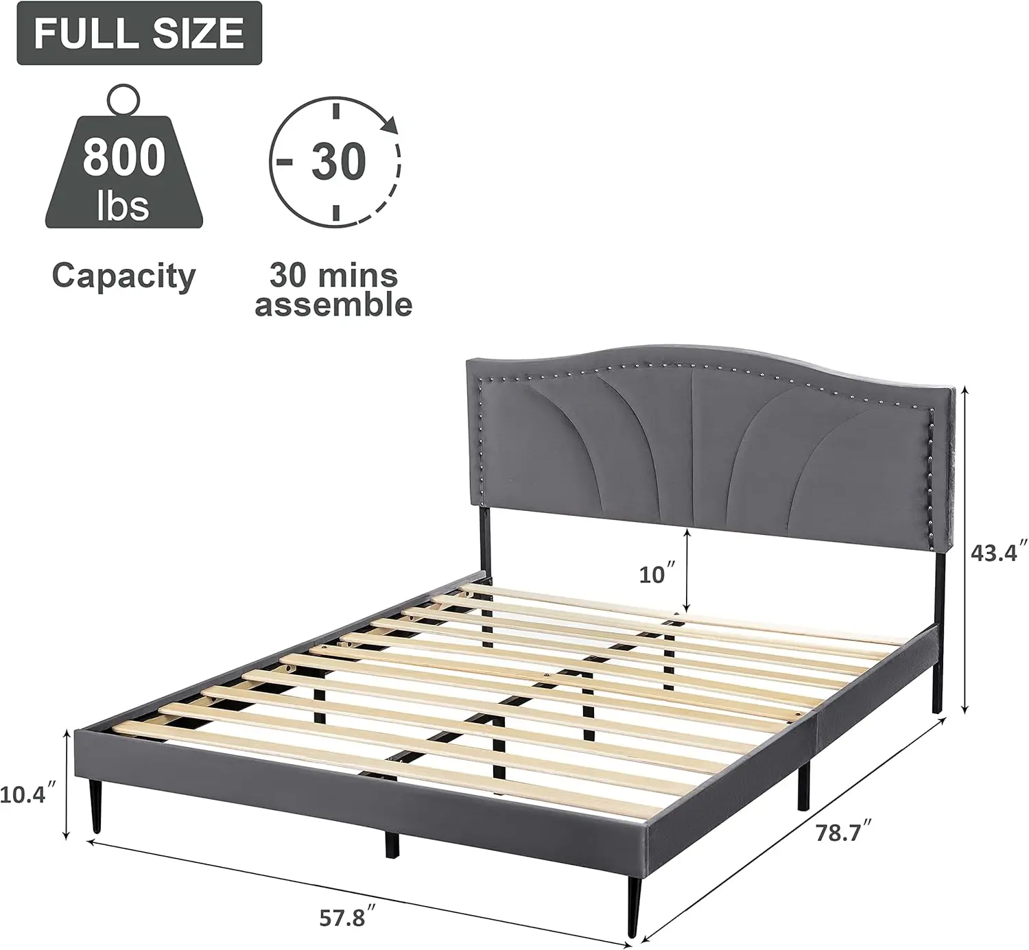 Bed Frame Velvet Upholstered Platform with Decorative Line & Nailhead Trim Headboard with Strong Wooded Slat,Easy Assembly