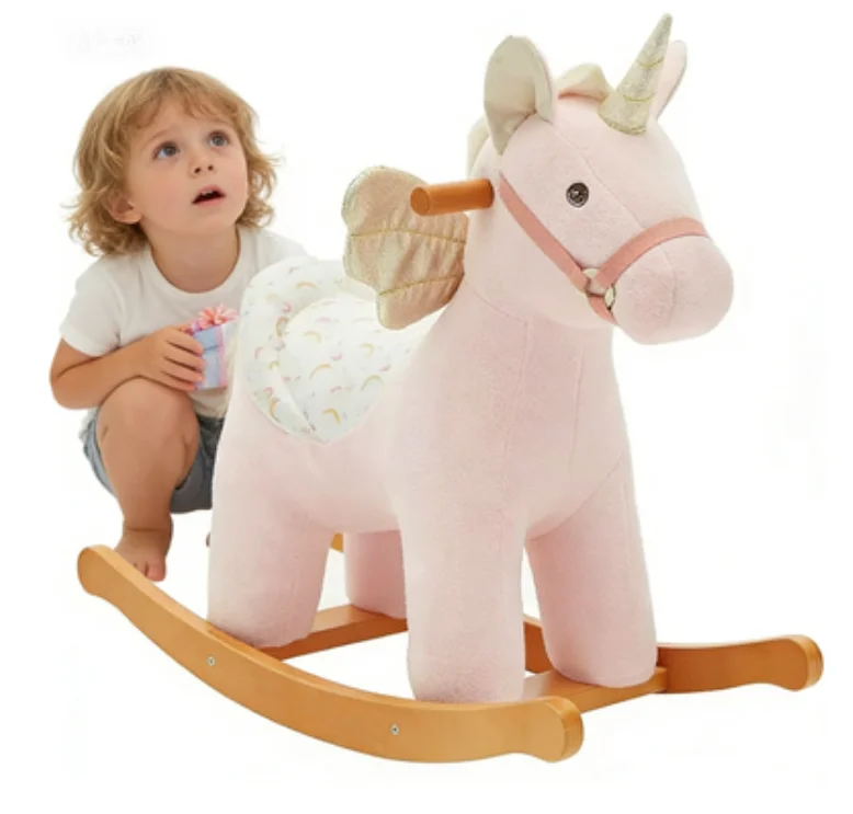 Łóżeczko dziecięce z drewna, zabawki dla dzieci, zwierzątka, miękkie pluszowe zabawki, fotel bujany, zabawka do jeżdżenia, rozmiar 67,5x30x56
