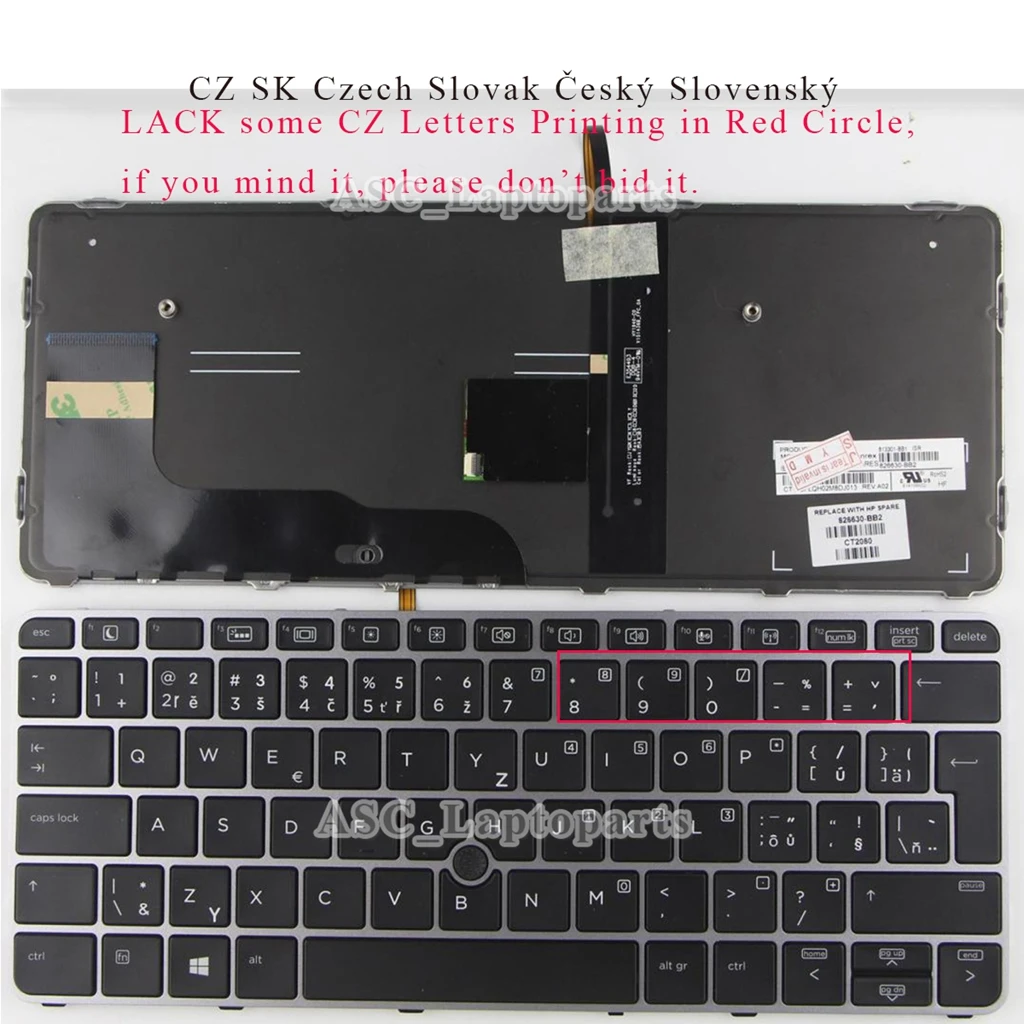 

New Czech Slovak Český Slovenský Keyboard For HP elitebook 725 G3 G4 , 820 G3 G4, 828 G3 G4 Silver Frame Black , BACKLIT Pointer