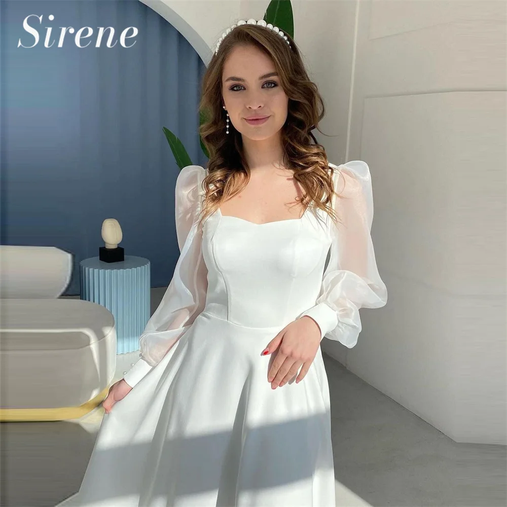 Sirene-Robe de mariée courte en satin doux pour femme, col bateau, ligne A, manches longues bouffantes, patients, ivoire, longueur de rinçage