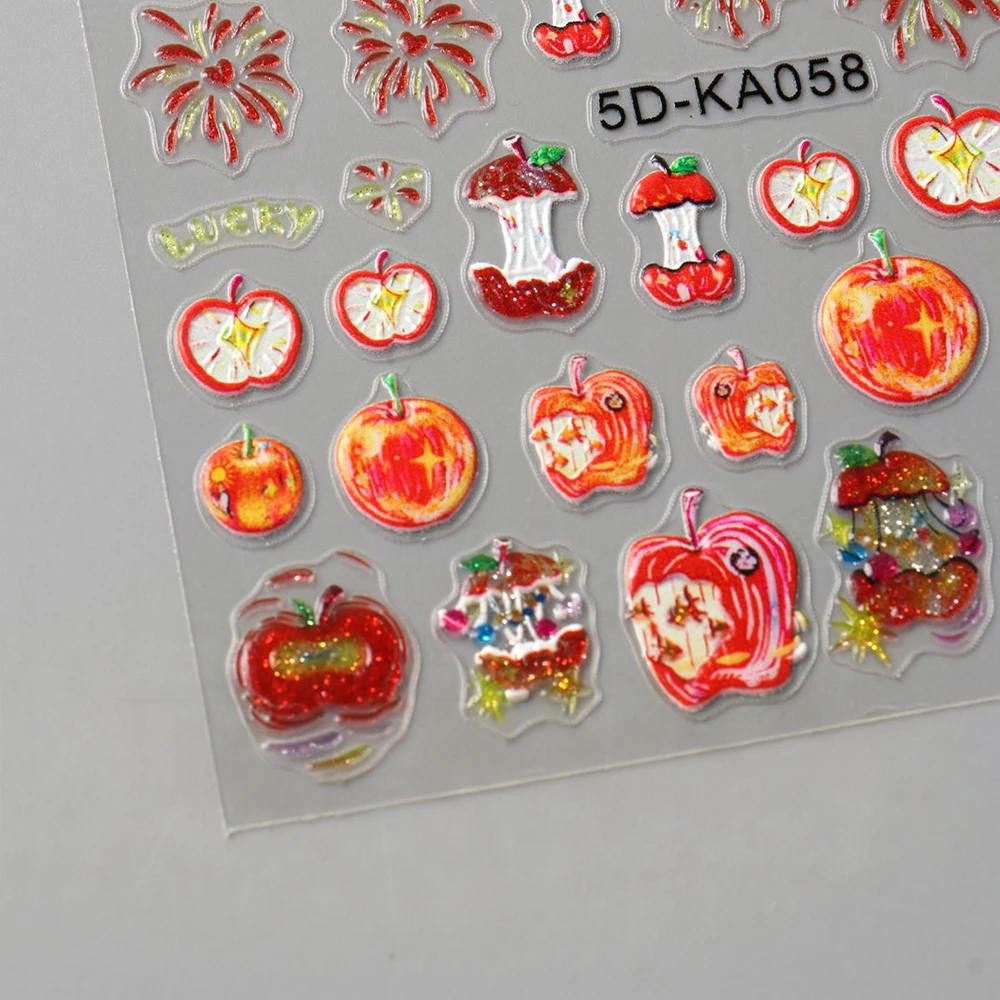 1 Vel 5D Reliëf Bite Apple Vuurwerk Apple Core Nail Sticker Kleurrijke Glitter Apple Nail Slider DIY Rode manicure Decal
