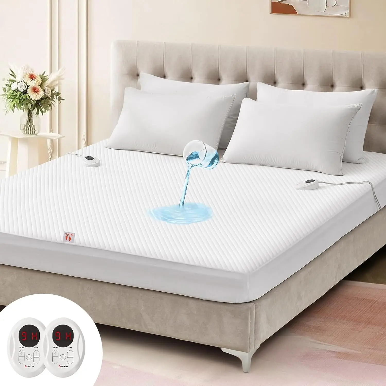 Waterproof Heated Mattress Pad with Memory Function, 9 Heat Settings, Auto-Off Timer, Machine Washable for Queen Bed