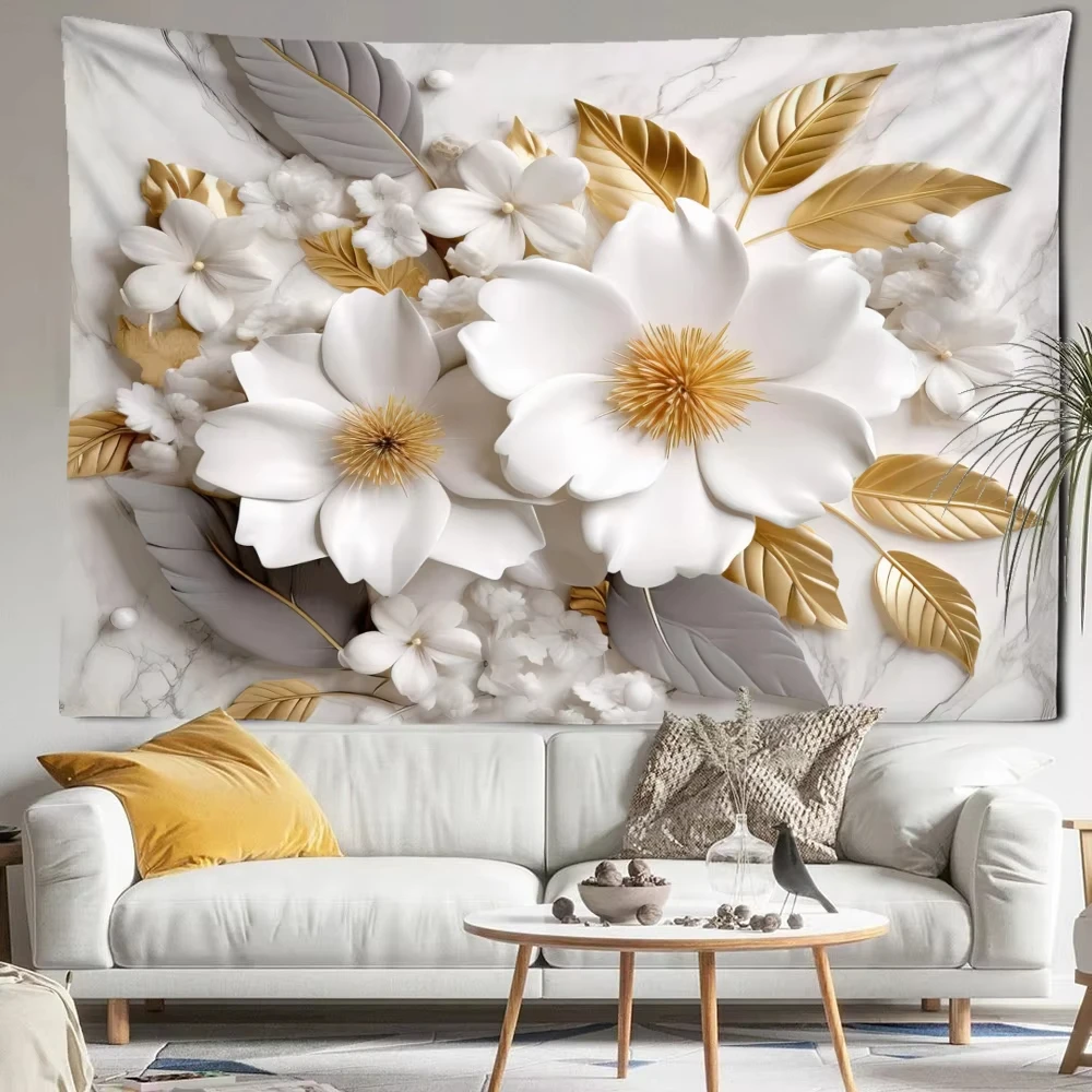 Goldenes Blatt, weiße Blume, Wandteppich, Wandbehang, Wohnzimmer, Wandkunst, Dekoration, Artikel, ästhetische Wohnheim, Heimdekoration, Hintergrundstoff