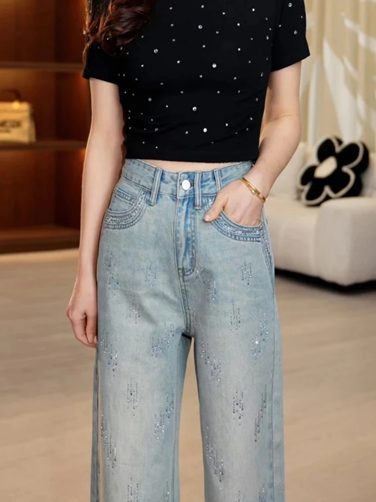 

Модные женские джинсы с высокой талией, прямые, с камнями, свободного кроя, весенние, новые, стройнящие, широкие брюки, повседневные, брендовые