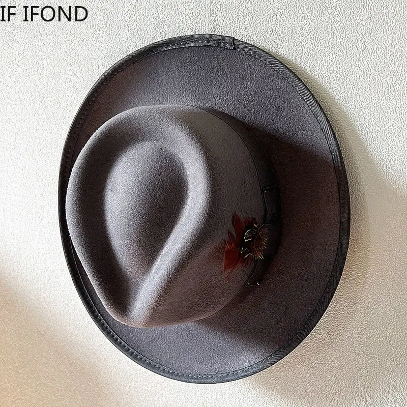 Handmade Feathers Felt Fedora Hat Vintage Men Panama Trilby Hats Curved Brim Gentleman Party Dress Cap