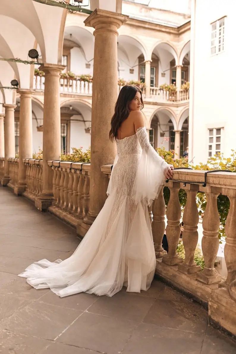 Vestidos de novia elegantes sirena sin tirantes fuera del hombro rebordear lentejuelas manga larga hasta el suelo bata de novia personalizada