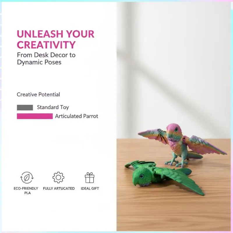 3D Printed Parrot Figurine Flexible Joints Movable Wings Animal Statue for Home Shelf Decor Bird Enthusiast Collectible Gift