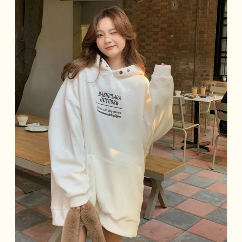 Women White Hoodie Letter Print Sweatshirt  Korean Fashion Hip Hop Oversized Leisure Fleece Thicken Winter New Tops Pullover