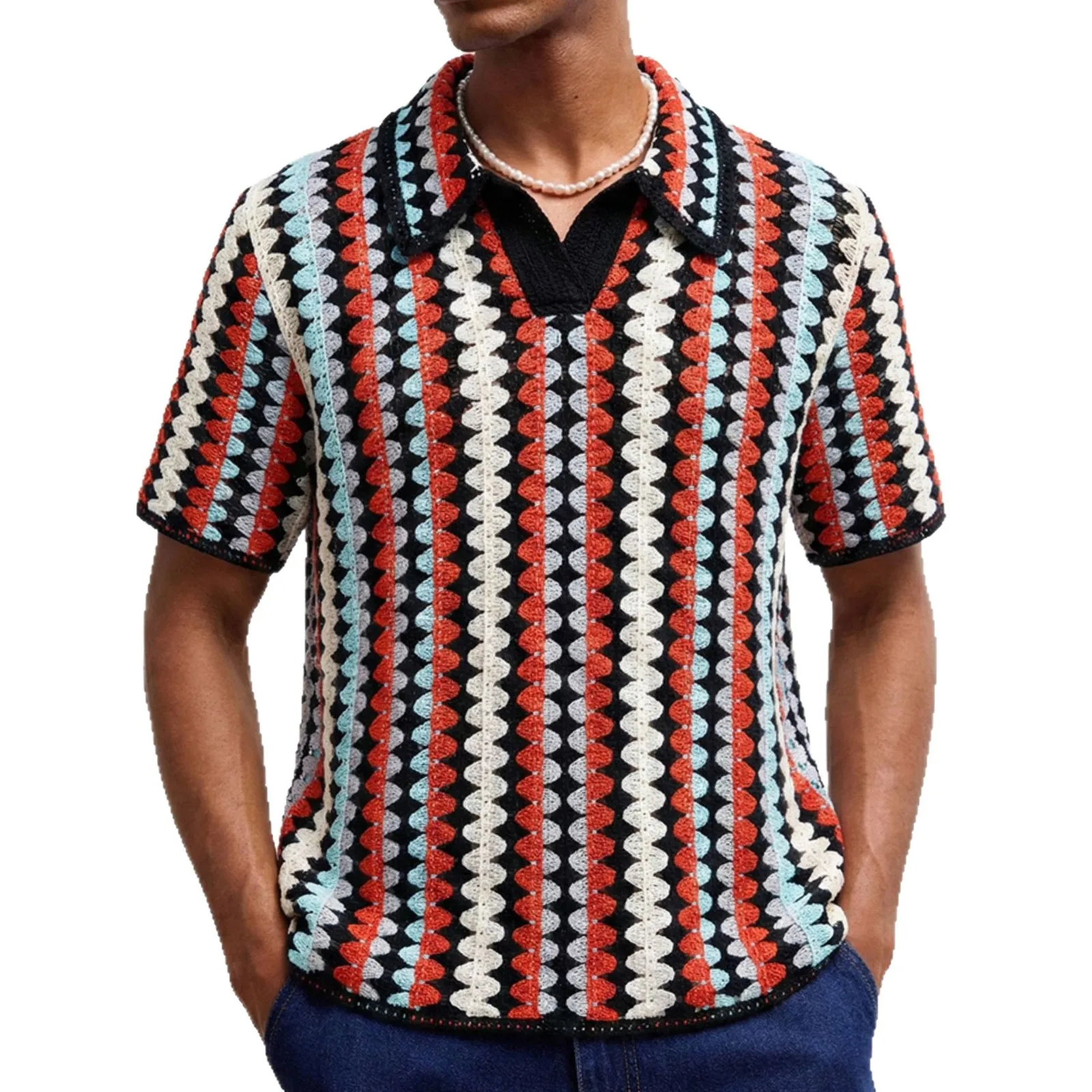 Men's Spring/Summer New Arrival Luxury Fashion Crochet Knit Polo Shirt Striped V-Neck Short Sleeve Casual Top