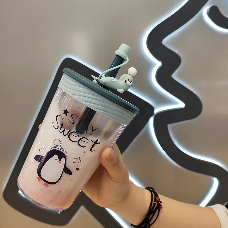 Botol Air Lucu untuk Anak Perempuan 450ml, Botol Minum untuk Perjalanan Luar Ruangan, Mendaki, Bebas BPA, Botol Sedotan Kreatif Musim Panas, Gelas Air untuk Pelajar