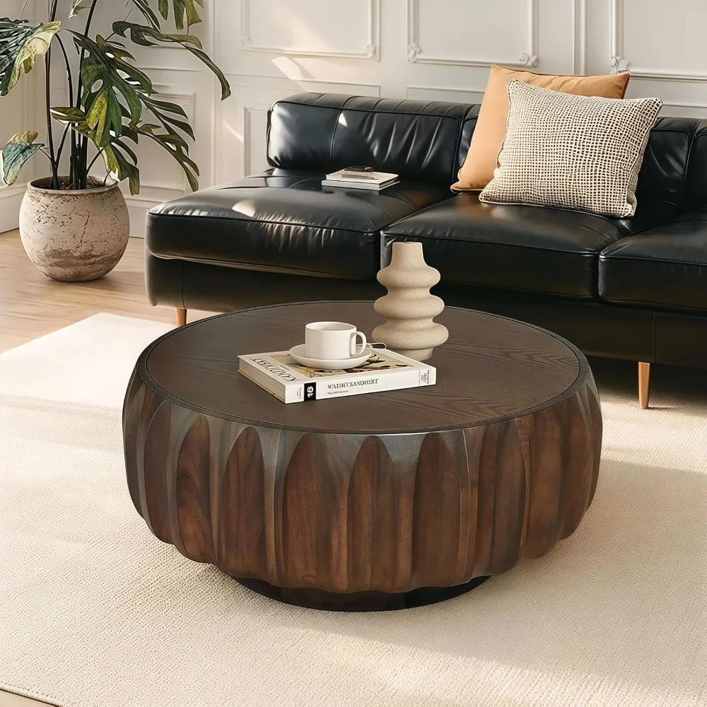 

31.5" Round Walnut Coffee Table - Mid Century Modern Solid Wood Coffee Tables with Fluted Design for Living Room, Small Space, A