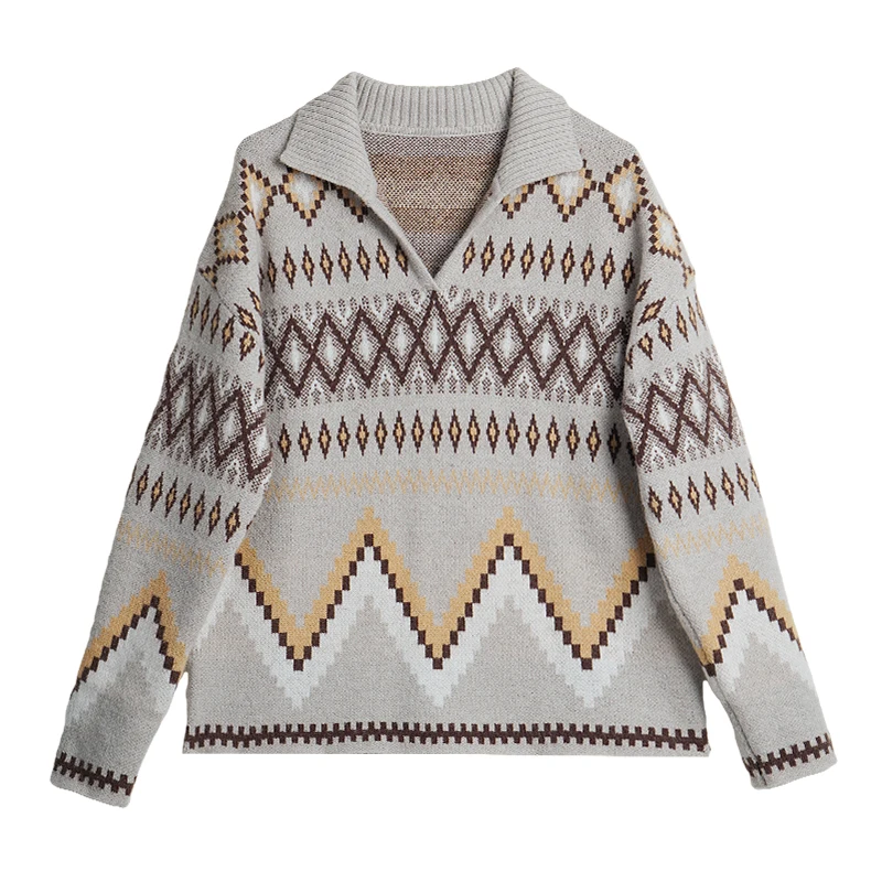 OLrain Women's Knitted Sweaters 2025 Autumn Turn-down Collar Long Sleeve Sweater Pullover Vintage Loose Female Tops O57QM000659